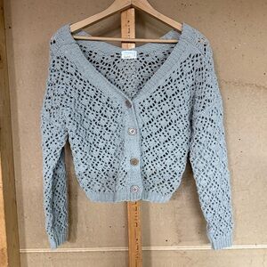 Atelier Nicole Miller Crochet Knit Cropped Cardigan Grey Boho Cottagecore Size L